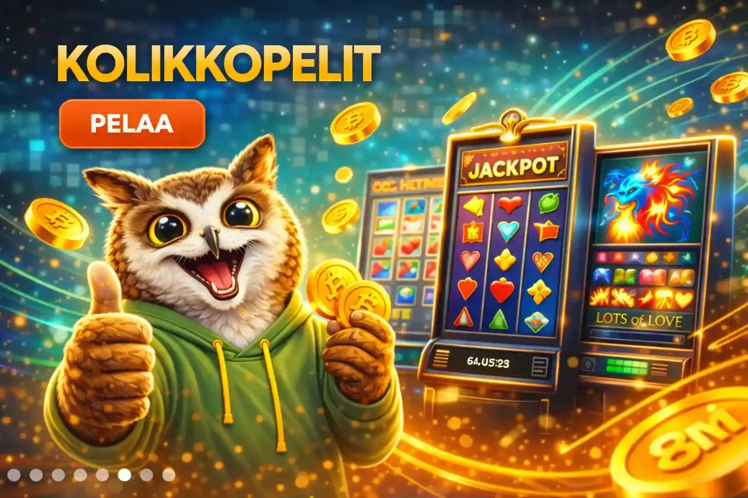 Pöllö esittelee kolikkopelejä ja jackpot-voittoja kirkkaassa kasinomaailmassa
