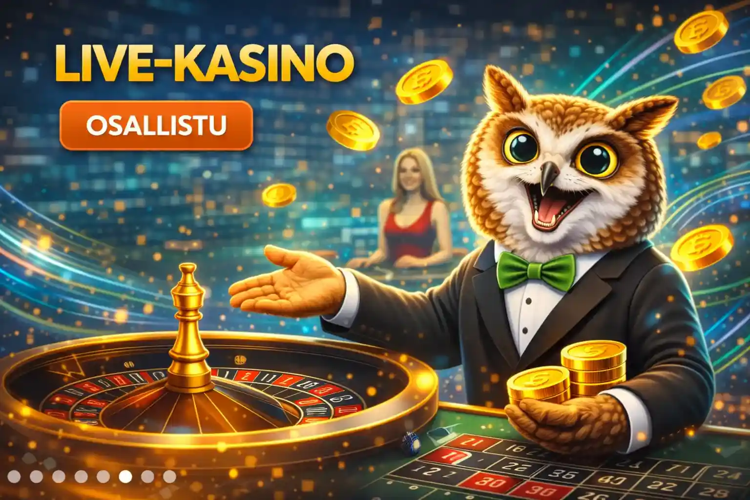 Pöllö jakajana rulettipöydässä live-kasinon tunnelmassa